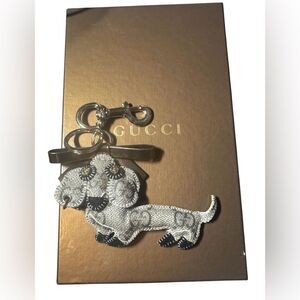 Gucci GG Monogram Canvas Dachshund Dog Keychain Bag Charm Key Ring Leather Bow